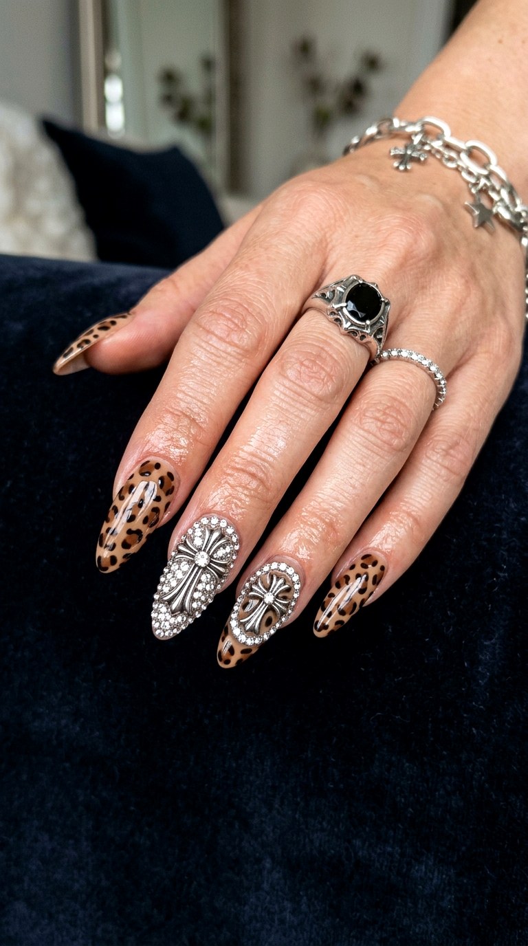 Silver Cross Leopard Nails - 20 Mcbling Gothic leopard Y2K nail ideas