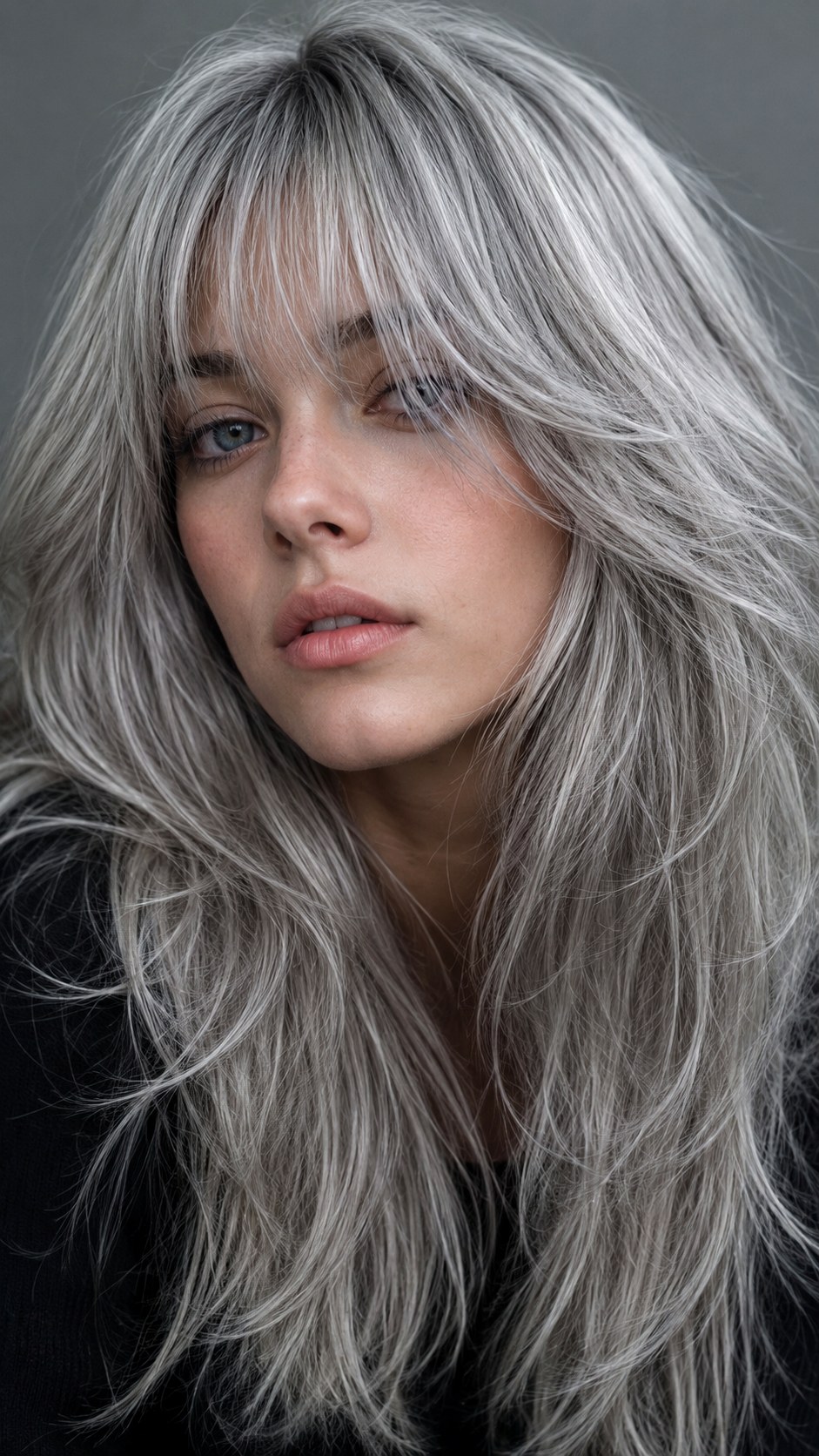 Silver Fox Layered Texture - 25 Long Layers with Curtain Bangs Ideas