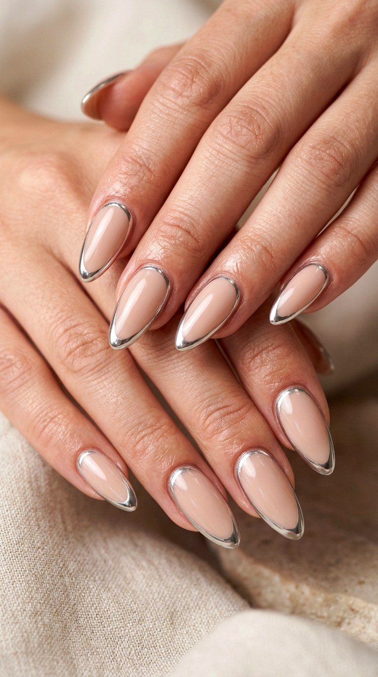 Silver Framed Nude Almonds - 20 luxury Chrome outline nail ideas