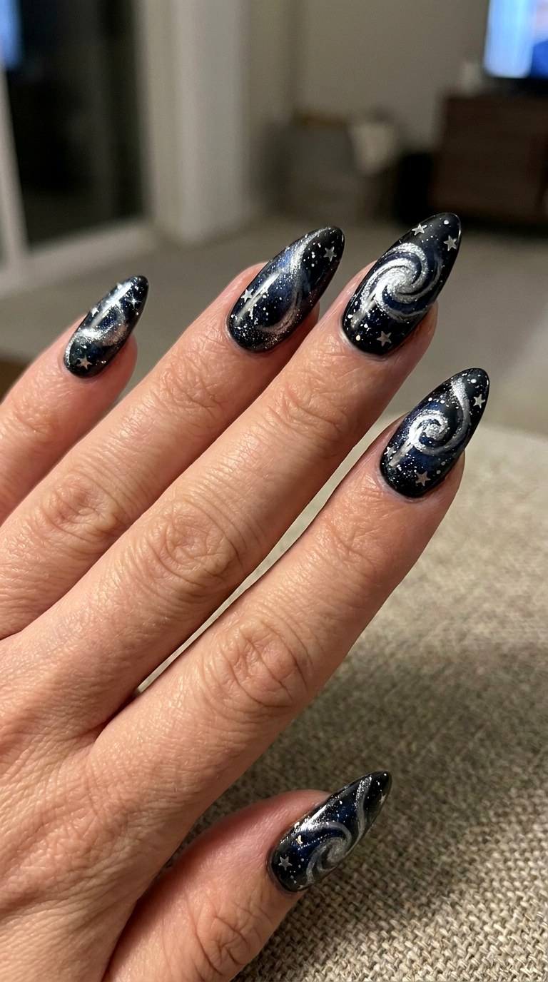 Silver Galaxy Spiral Nails - 25 magical starry swirl nail ideas