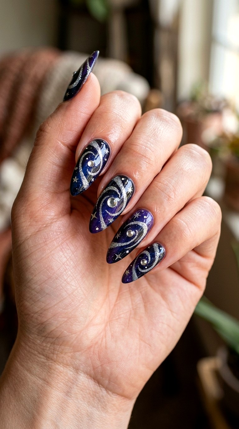 Silver Glitter Orbit Swirls - 25 magical starry swirl nail ideas