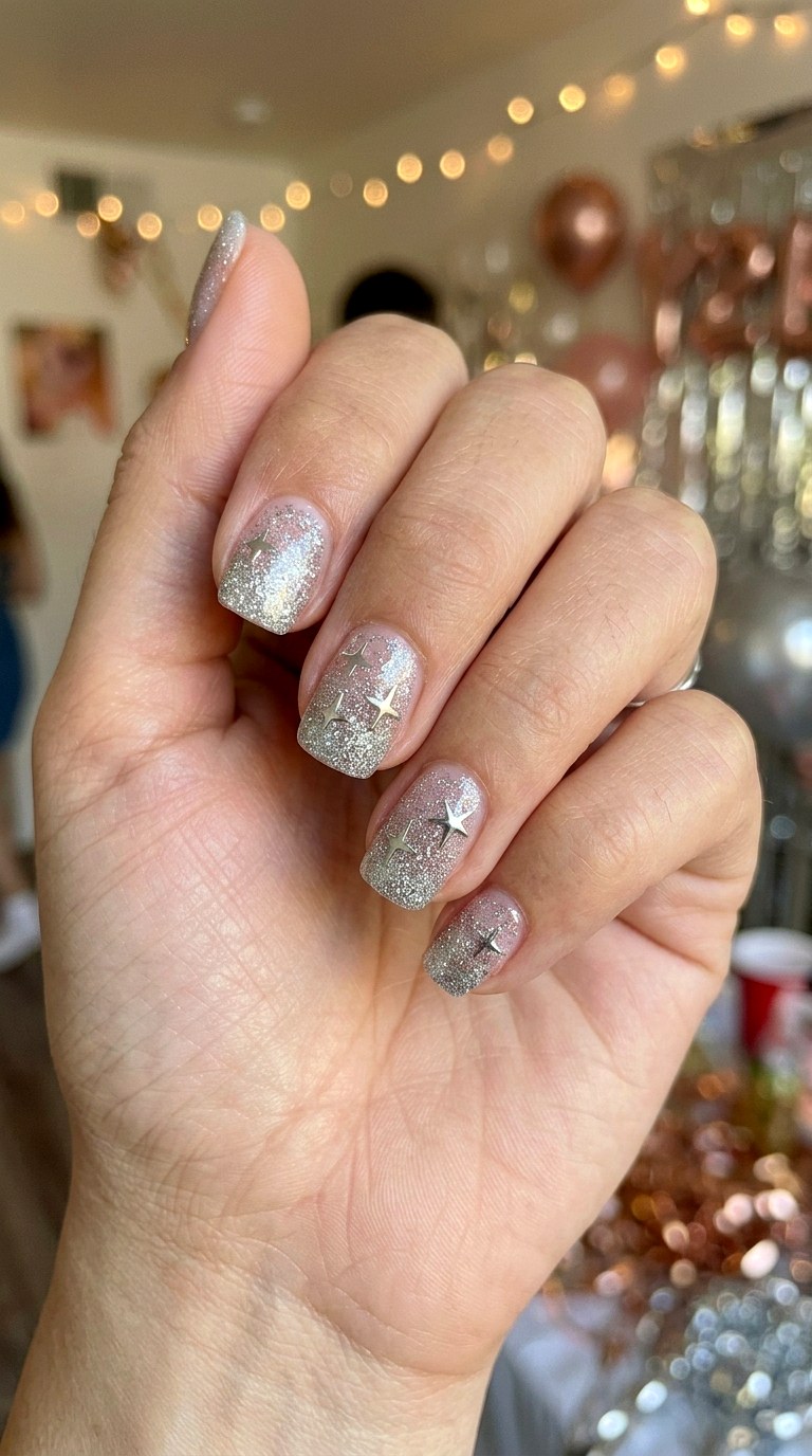 Silver Glitter Star Nails - 24 y2k star short nail ideas