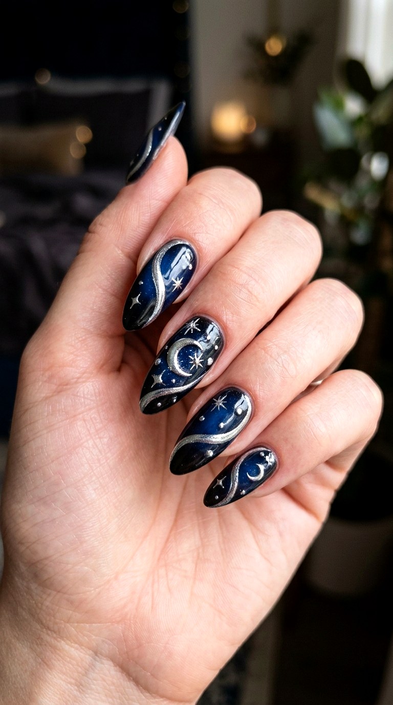 Silver Moon And Star Swirls - 25 magical starry swirl nail ideas