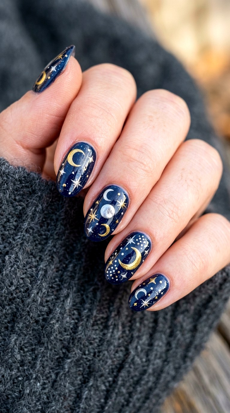 Silver Moon and Stars Nails - 21 cute halloween nail ideas