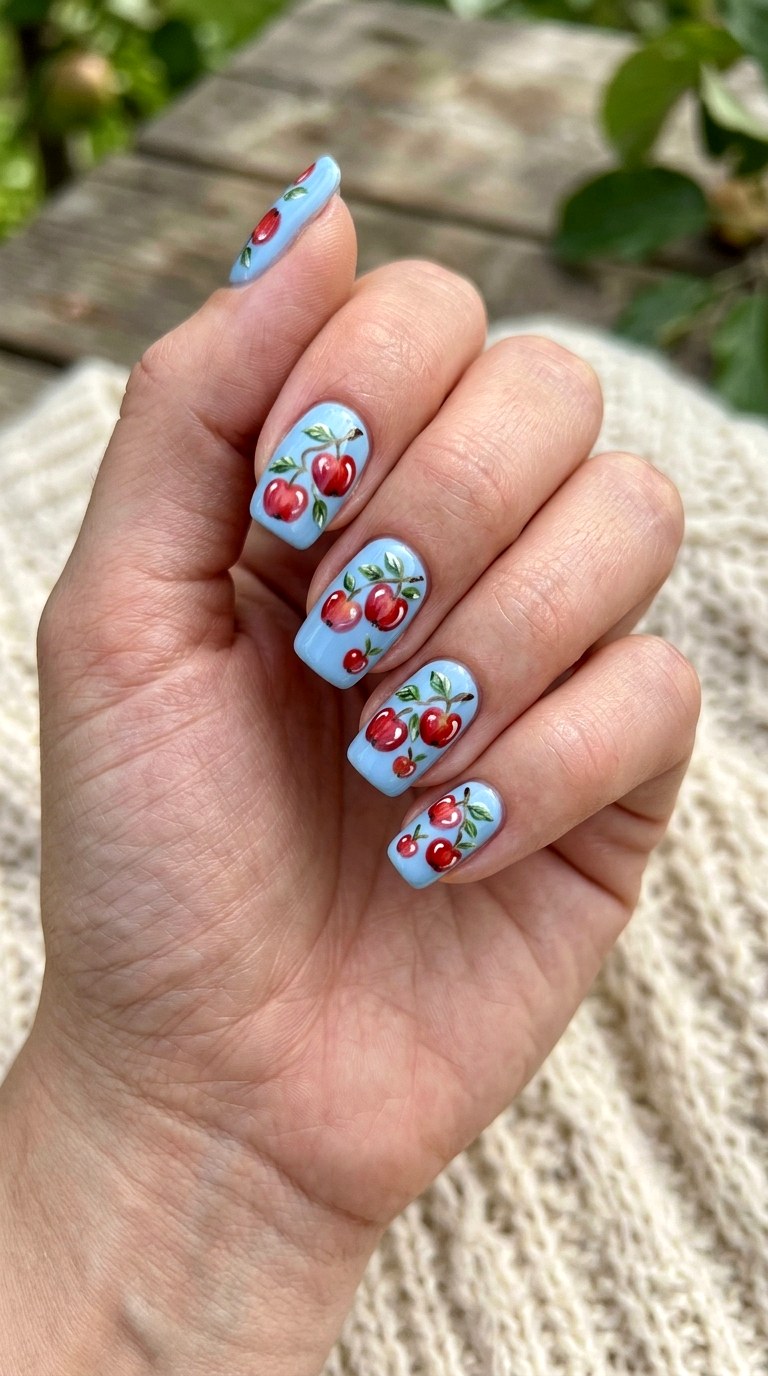 Sky Blue Apple Garden - 20 apple whimsical nail design ideas