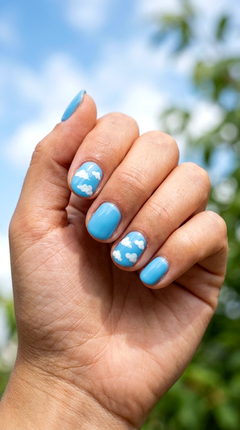 Sky Blue Cloud Nails - 24 blue nails short ideas