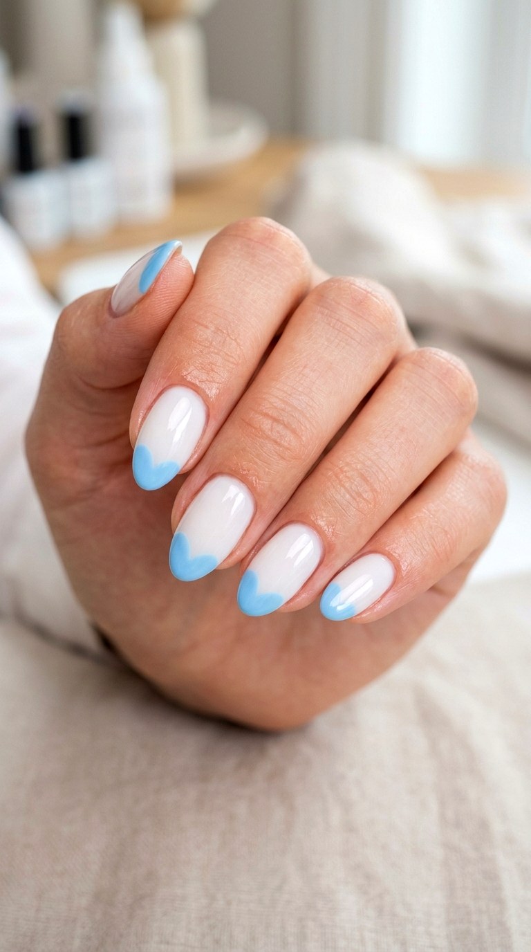 Sky Blue Heart French Tips - 21 soft blue hearts nail art inspiration ideas