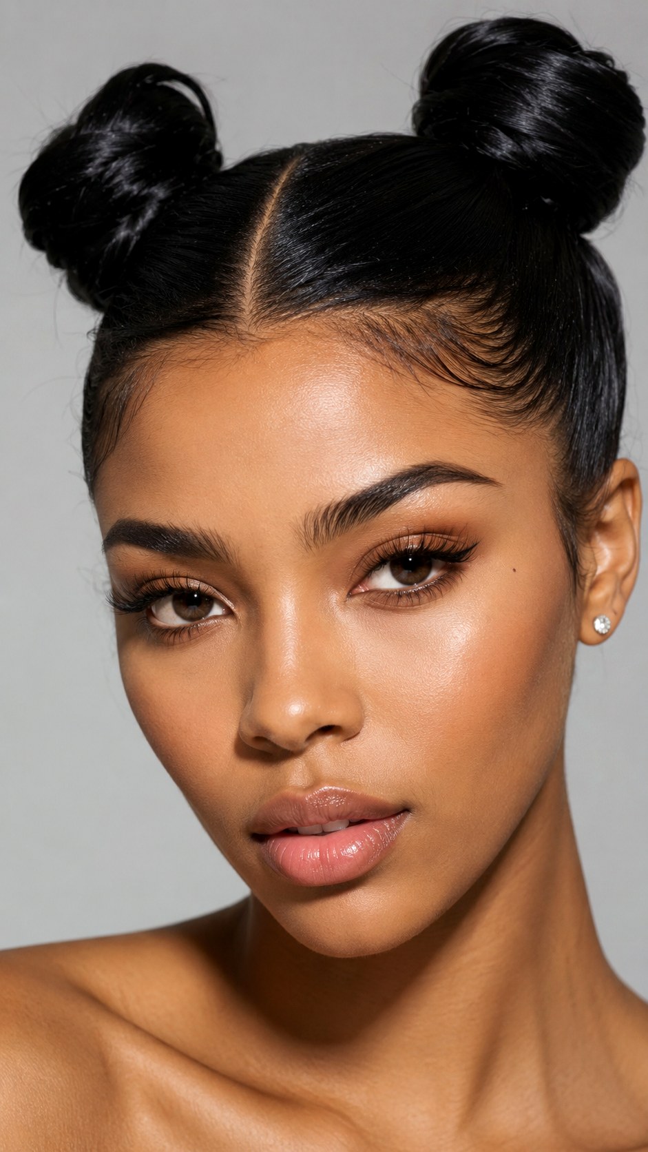 Sleek Middle Part Space Buns - 22 space bun hairstyle ideas