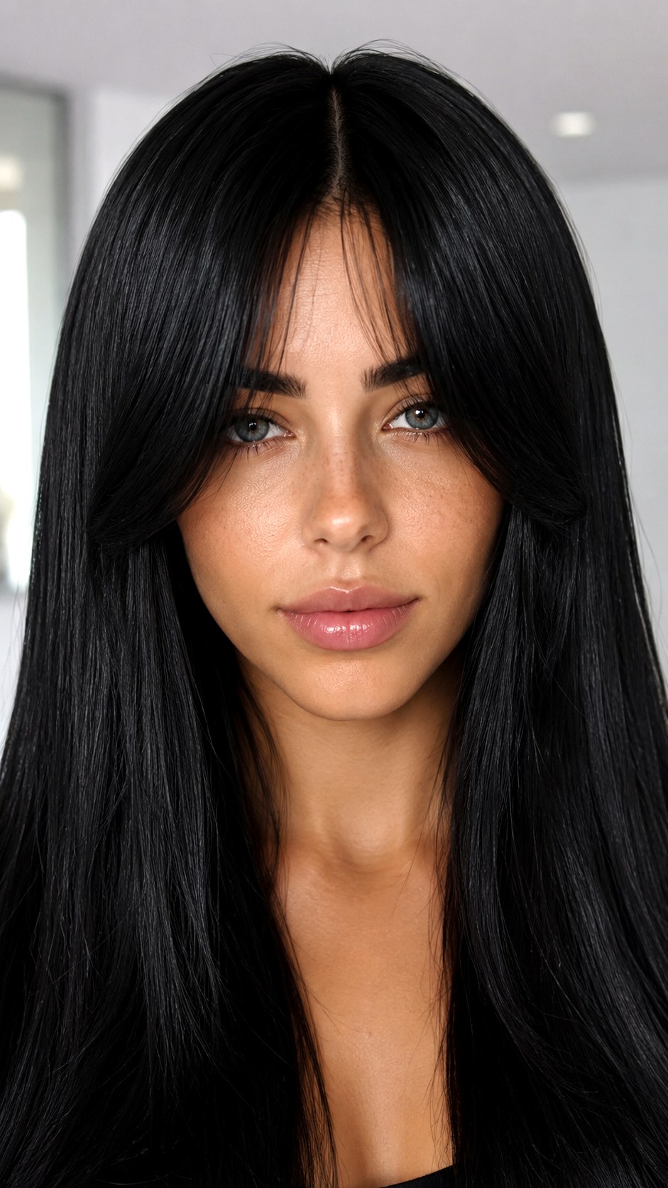 Sleek Midnight Black Glass Hair Bangs long curtain bangs - 22 Long Curtain Bangs Ideas