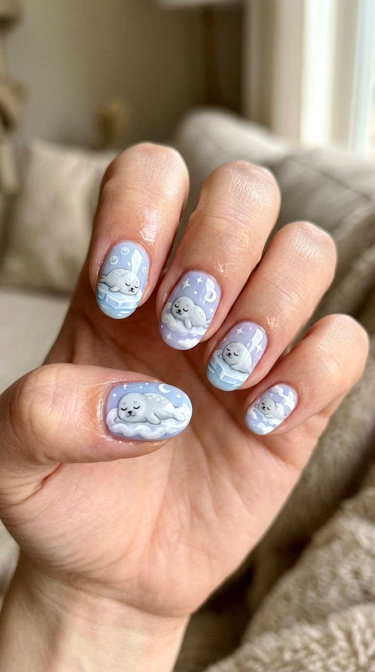 Sleepy Little Seal Set Nails - 22 little seals cute kawaii nail ideas