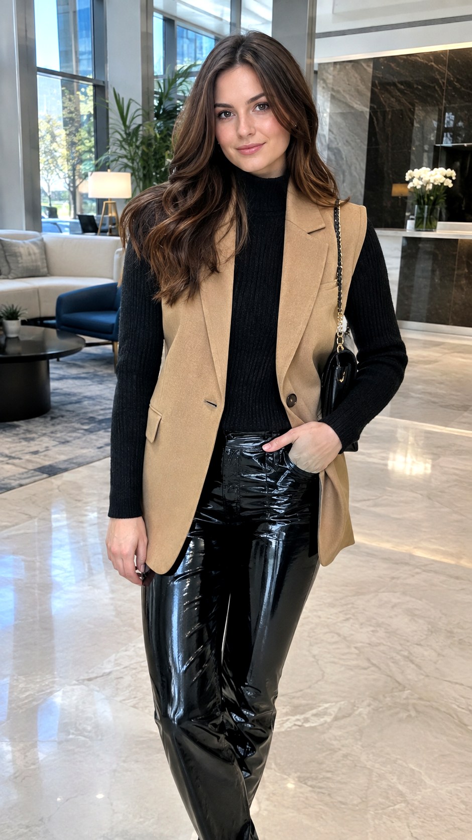 Sleeveless Blazer With Vinyl Pants - 23 sleeveless blazer outfit ideas