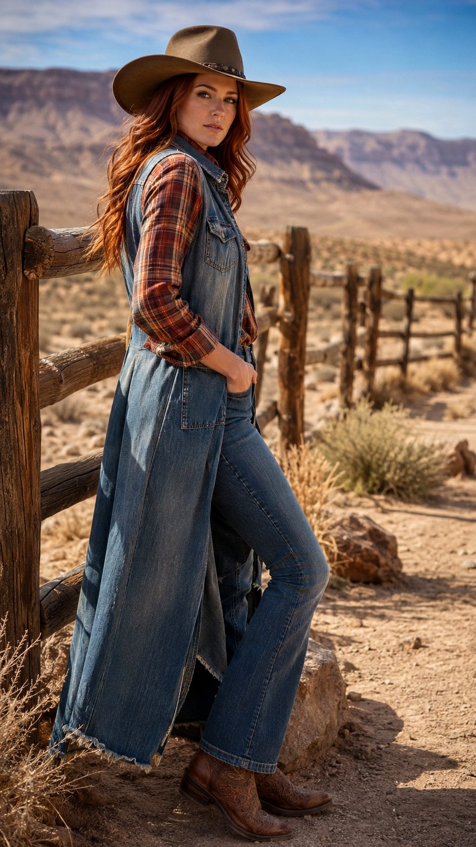 Sleeveless Denim Duster Vest Bootcut Jeans - 20 Double Denim Outfit Ideas