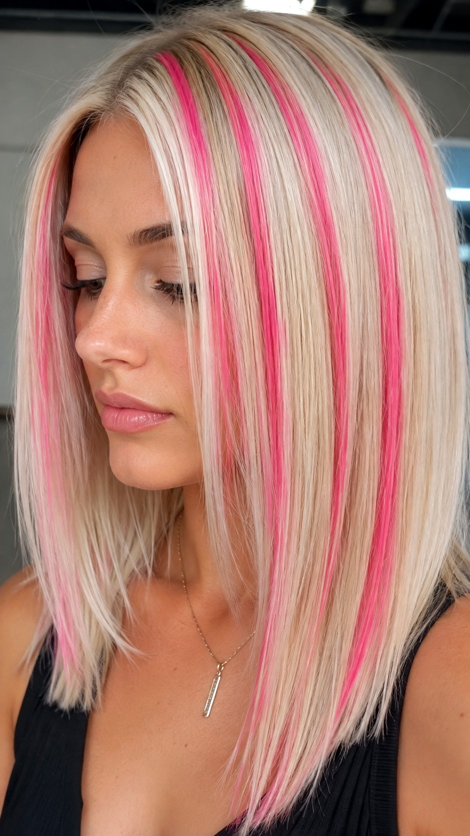 Sliced Hot Pink Highlights on Platinum - 25 hot pink hair color highlights ideas
