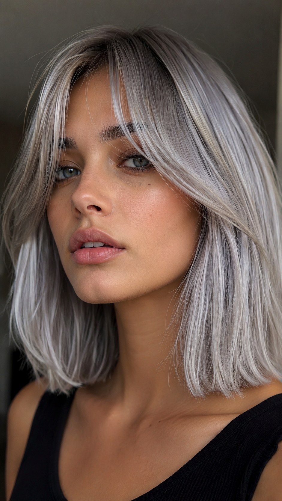 Smoked Silver Lob Soft Bangs long curtain bangs - 22 Long Curtain Bangs Ideas