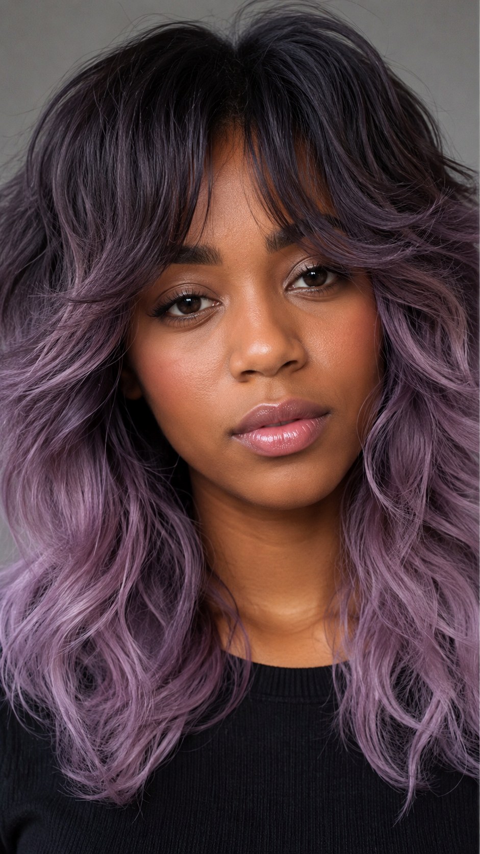 Smoky Lavender Tips on a Wavy Shag - 23 hair color for brown skin ideas