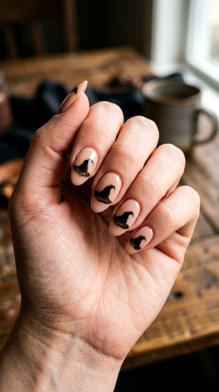 Smoky Witch Hat Nails - 25 short halloween nail ideas