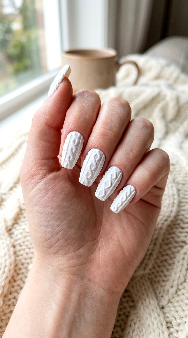 Snowy White Knit Sweater Nails - 24 winter sweater nails nail art design ideas