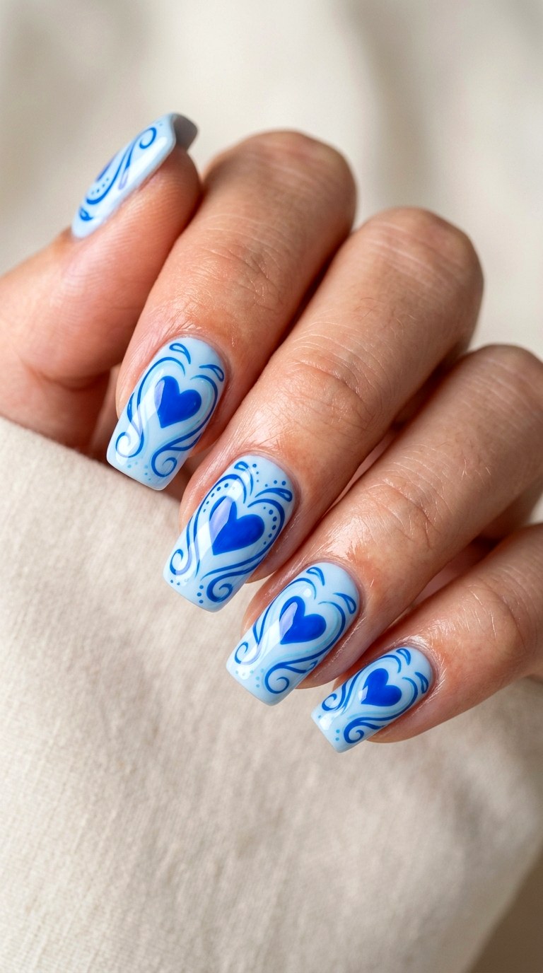 Soft Blue Heart Swirls - 21 soft blue hearts nail art inspiration ideas