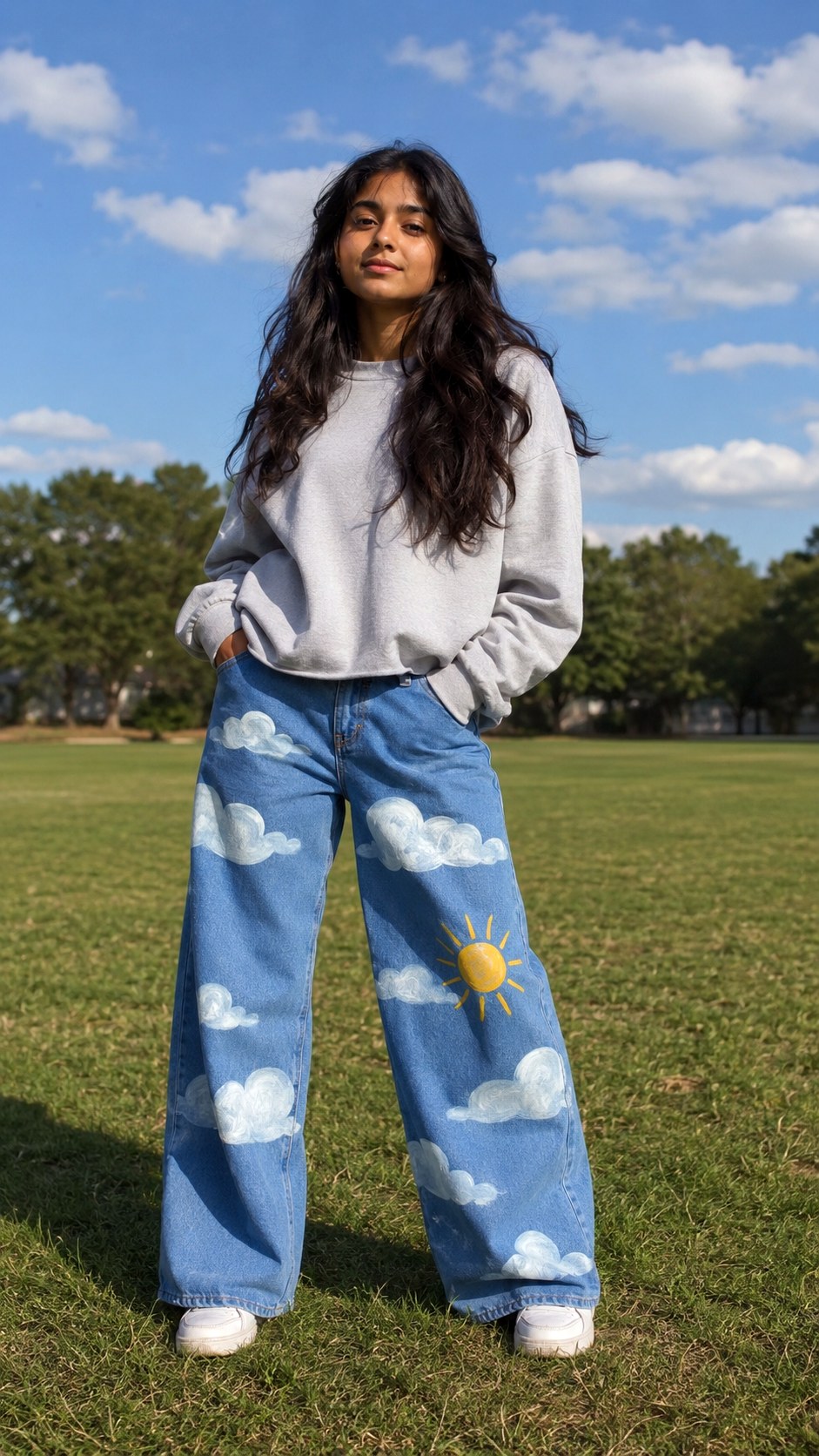 Soft Cloud Illustrations Jeans - 24 acrylic painted wide leg jeans ideas