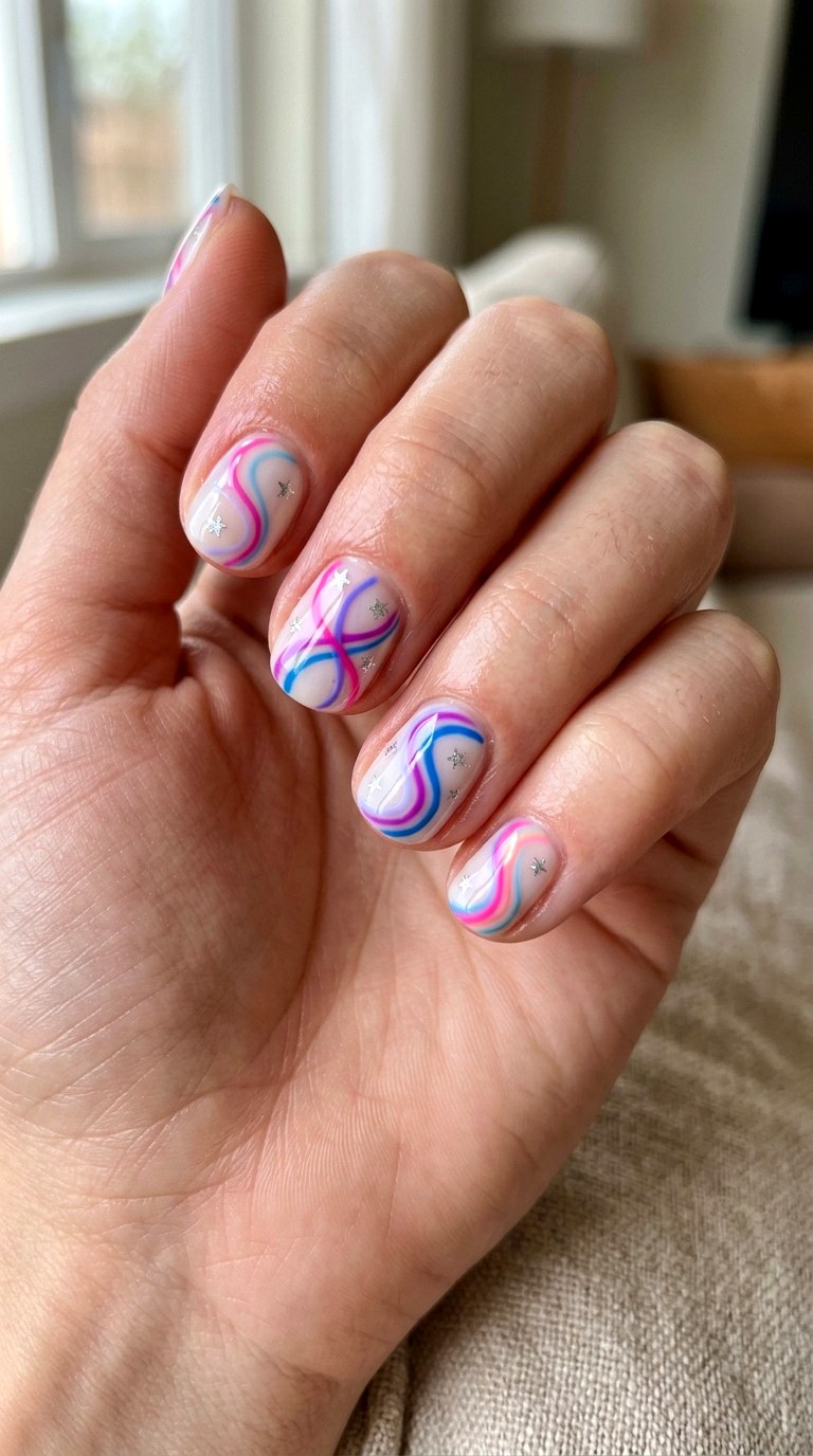 Star and Swirl Short Nails - 24 y2k star short nail ideas