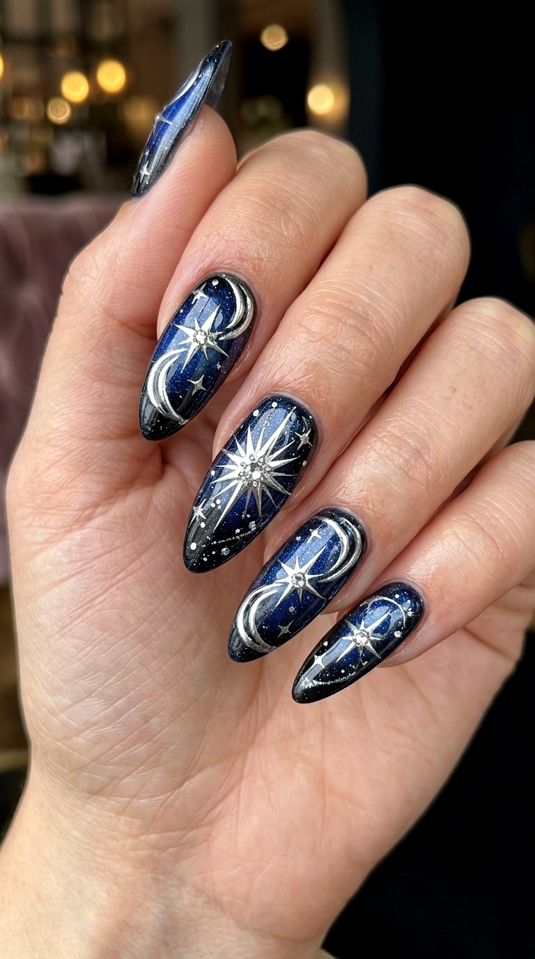 Starburst Swirl Statement Nails - 25 magical starry swirl nail ideas