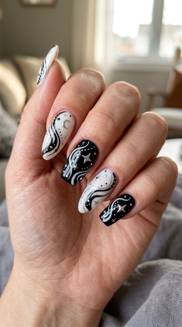 Starry Black And White Swirls - 25 magical starry swirl nail ideas