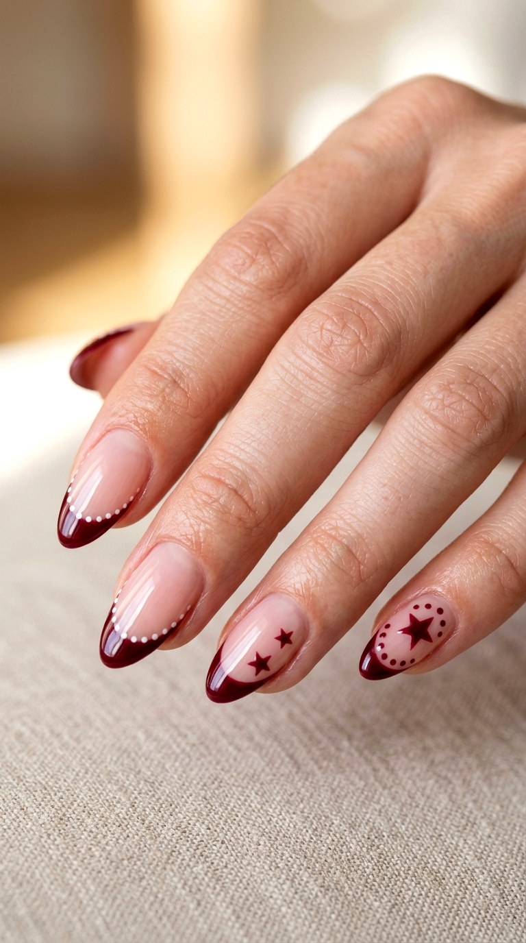 Starry Burgundy French Tips - 20 Star and polka dots Nail design ideas