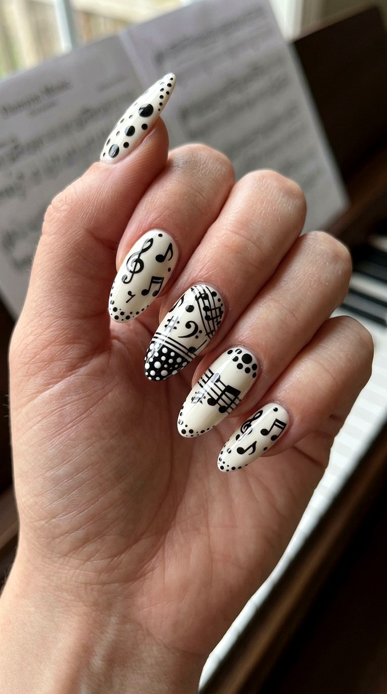 Statement Music Note Manicure - 20 polka dots musical notes Nail design ideas