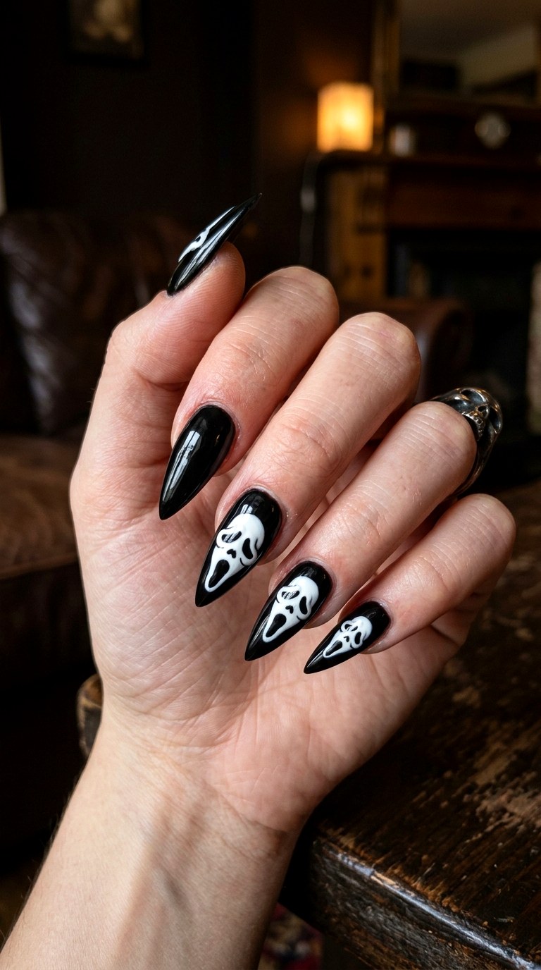 Stiletto Shaped Ghost Face Nails - 22 ghost face nail ideas