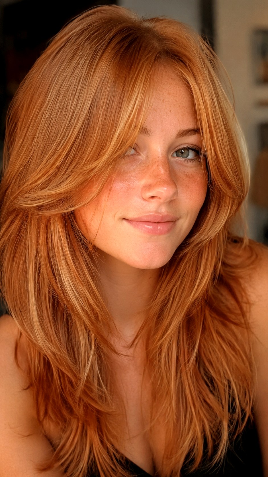 Strawberry Blonde V Cut Layers - 25 Long Layers with Curtain Bangs Ideas