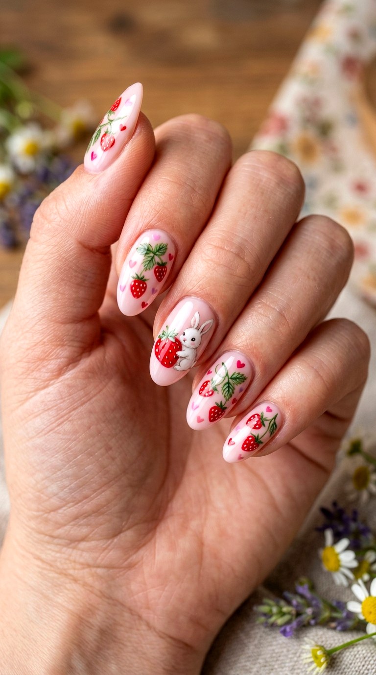 Strawberry Bunny Heart Nails - 25 sweet heart bunny nails idea