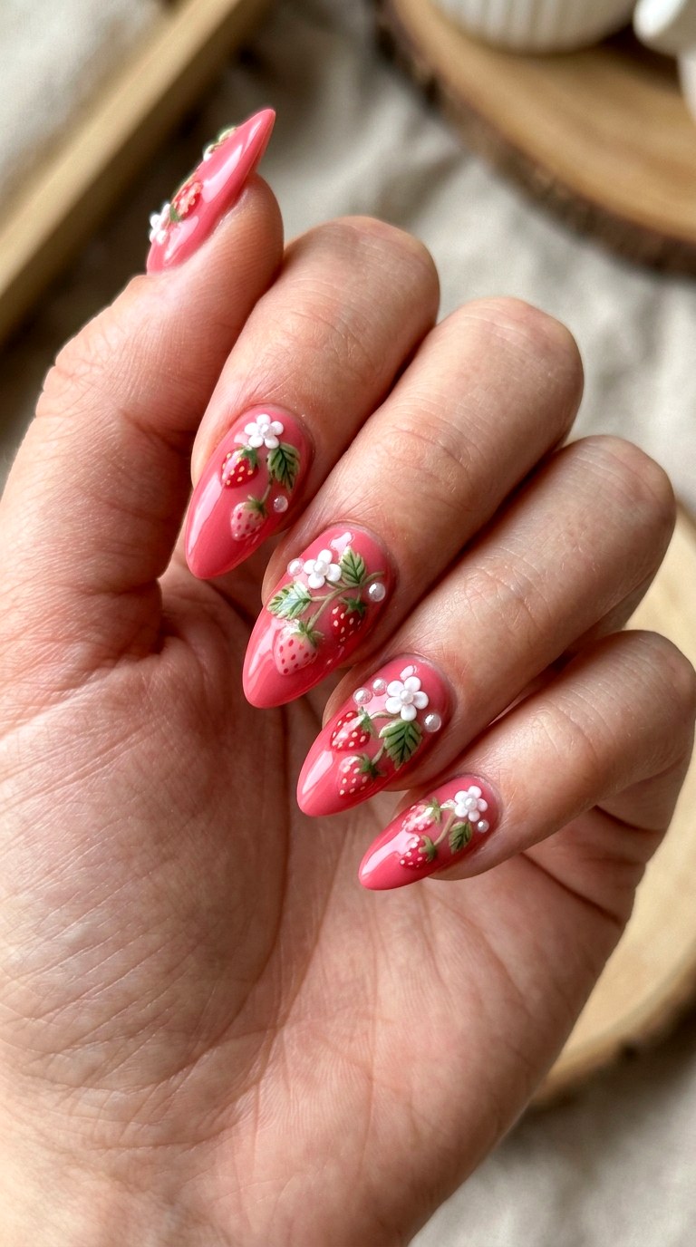 Strawberry Pink Sweet Nails - 23 girly acrylic nail ideas