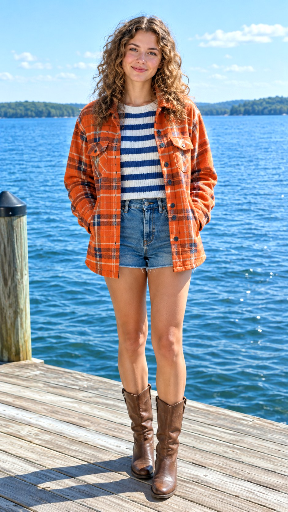 Stripe Knit and Denim Shorts - 23 shacket outfit women look ideas
