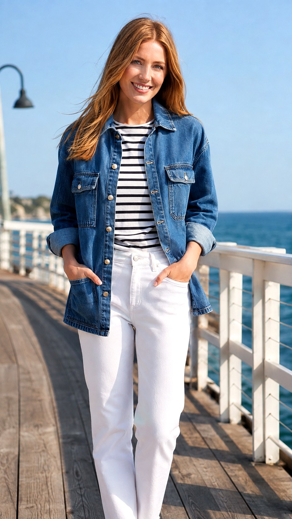 Striped Breton Tee and Denim Shacket Outfit - 25 denim shacket outfit look ideas