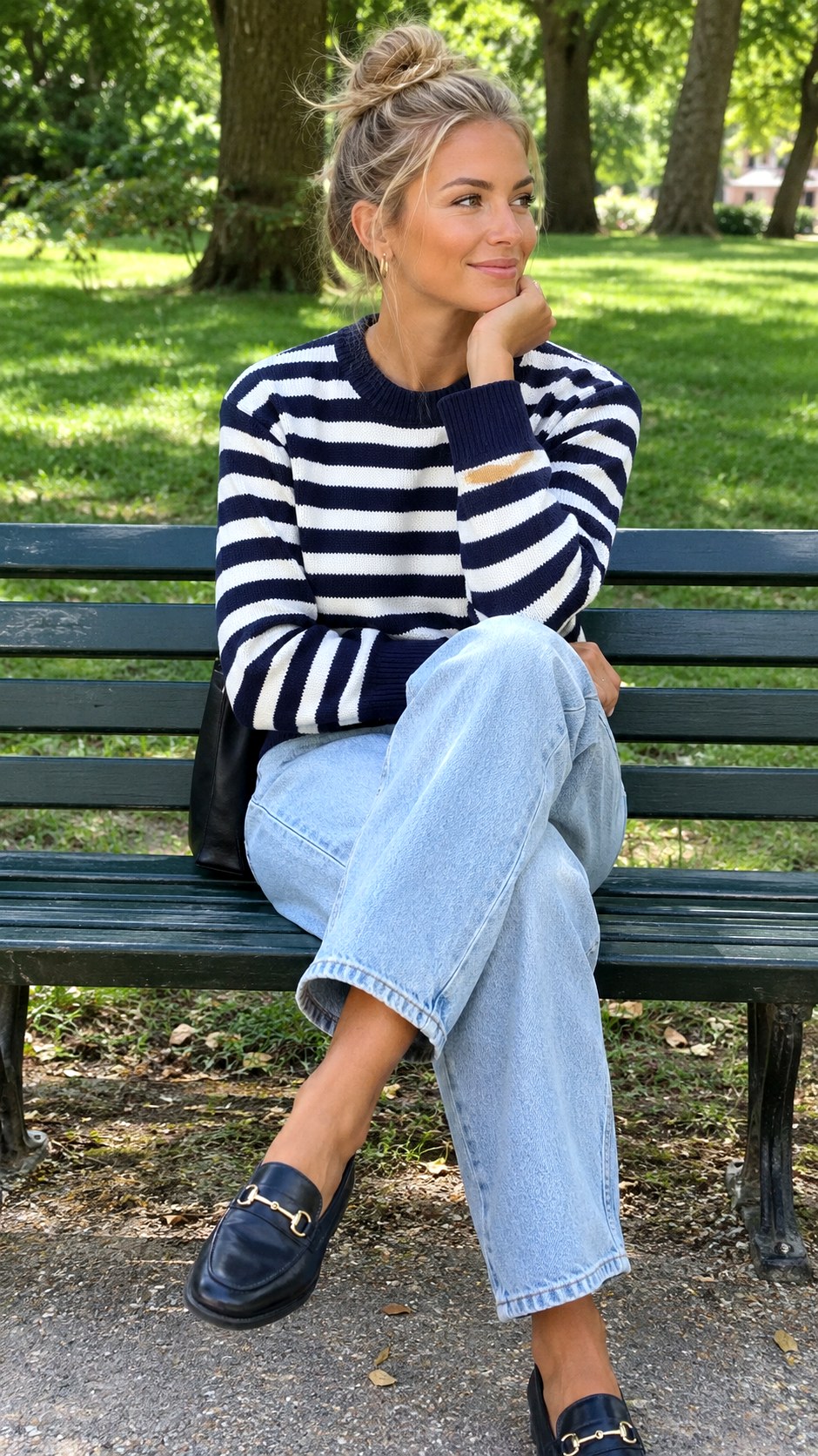 Striped Breton and Mom Jeans - 24 sweater and jeans outfit ideas
