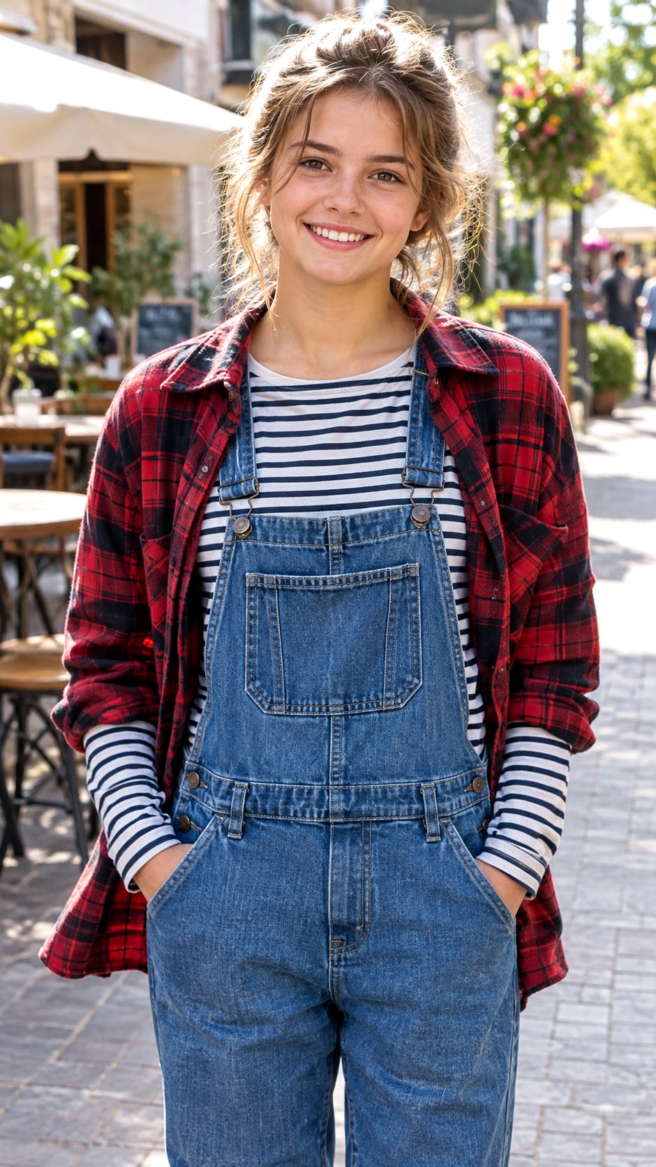 Striped Long Sleeve And Overalls With Plaid Shacket - 23 plaid shacket outfit women ideas