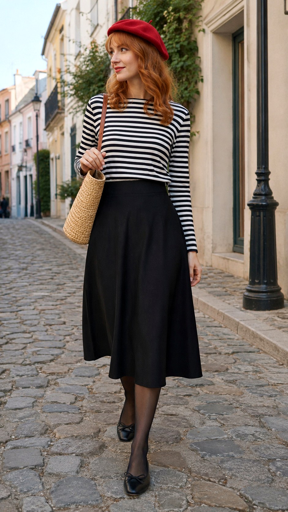 Striped Sweater and A Line Skirt with Tights - 23 Skirt with Tights Outfit Ideas