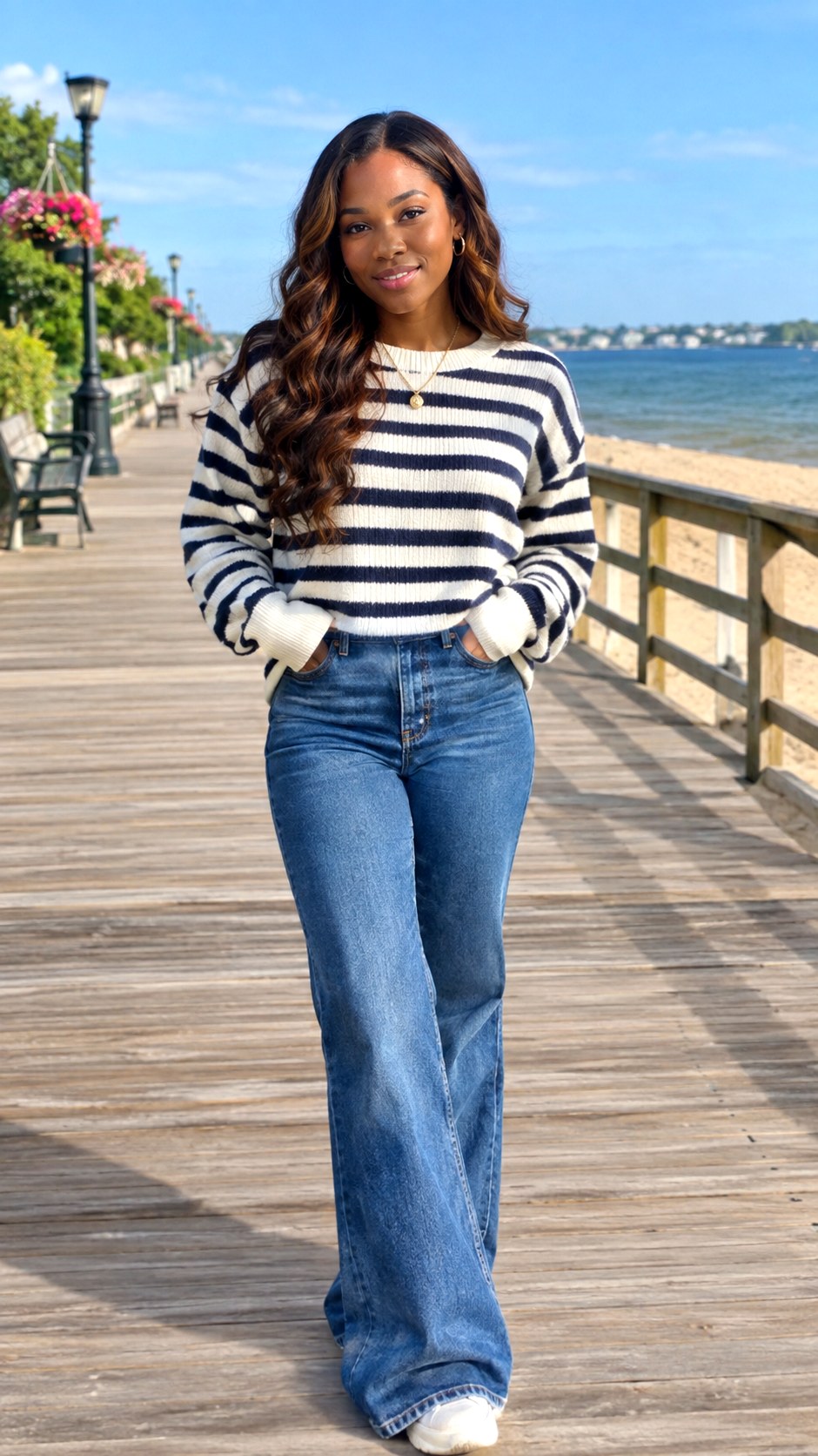 Striped Sweatshirt With Flared Jeans - 21 jeans and sweatshirt outfit ideas