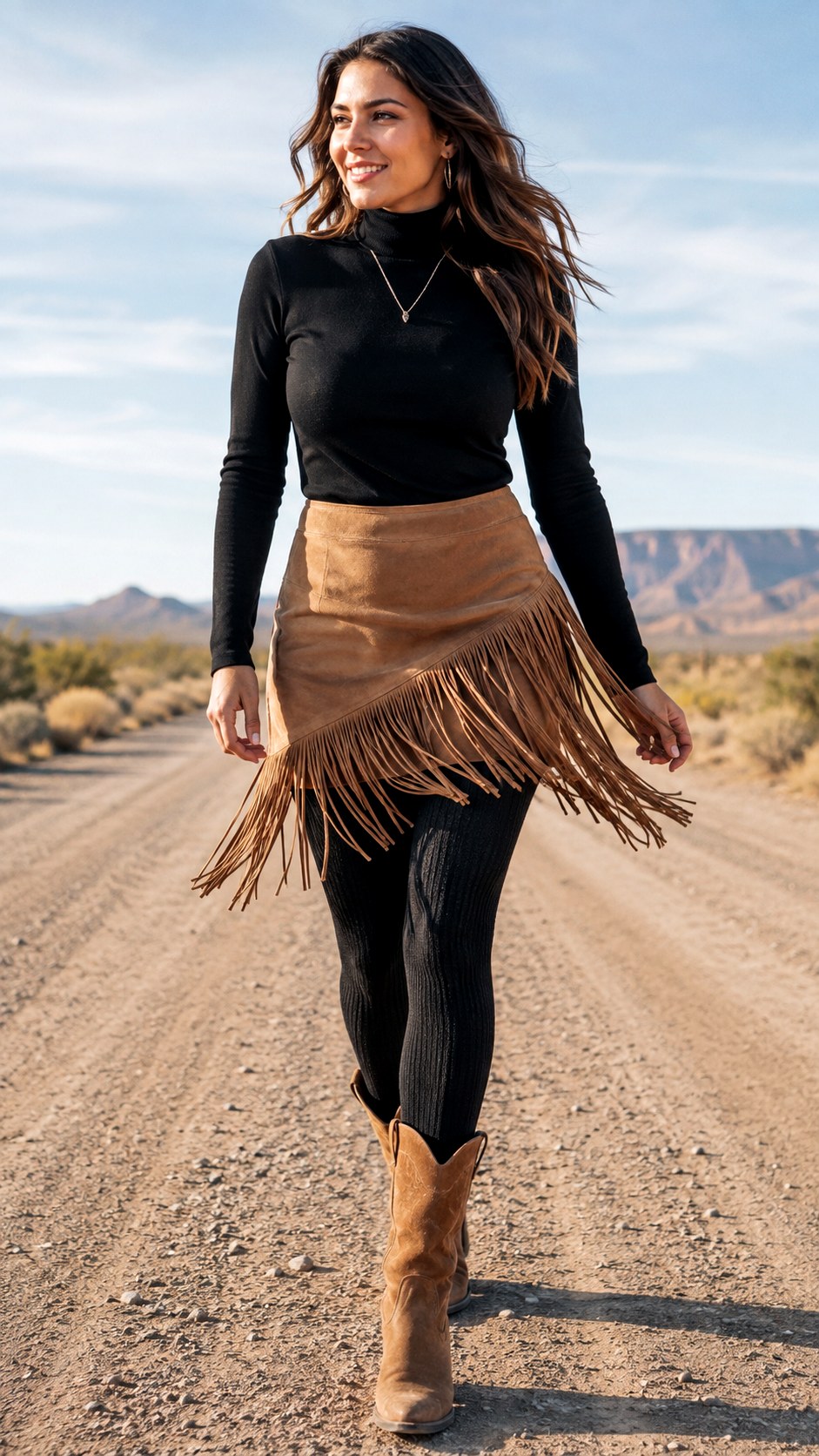 Suede Fringe Skirt with Thick Knit Leggings - 22 Skirt with Leggings Outfit Ideas