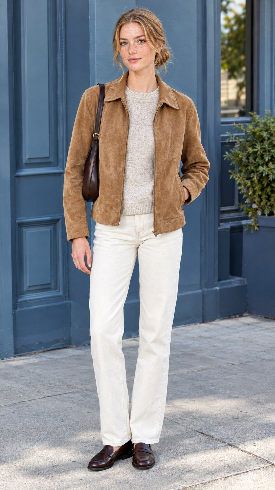 Suede Jacket With Cream Jeans - 20 comfy fall outfits