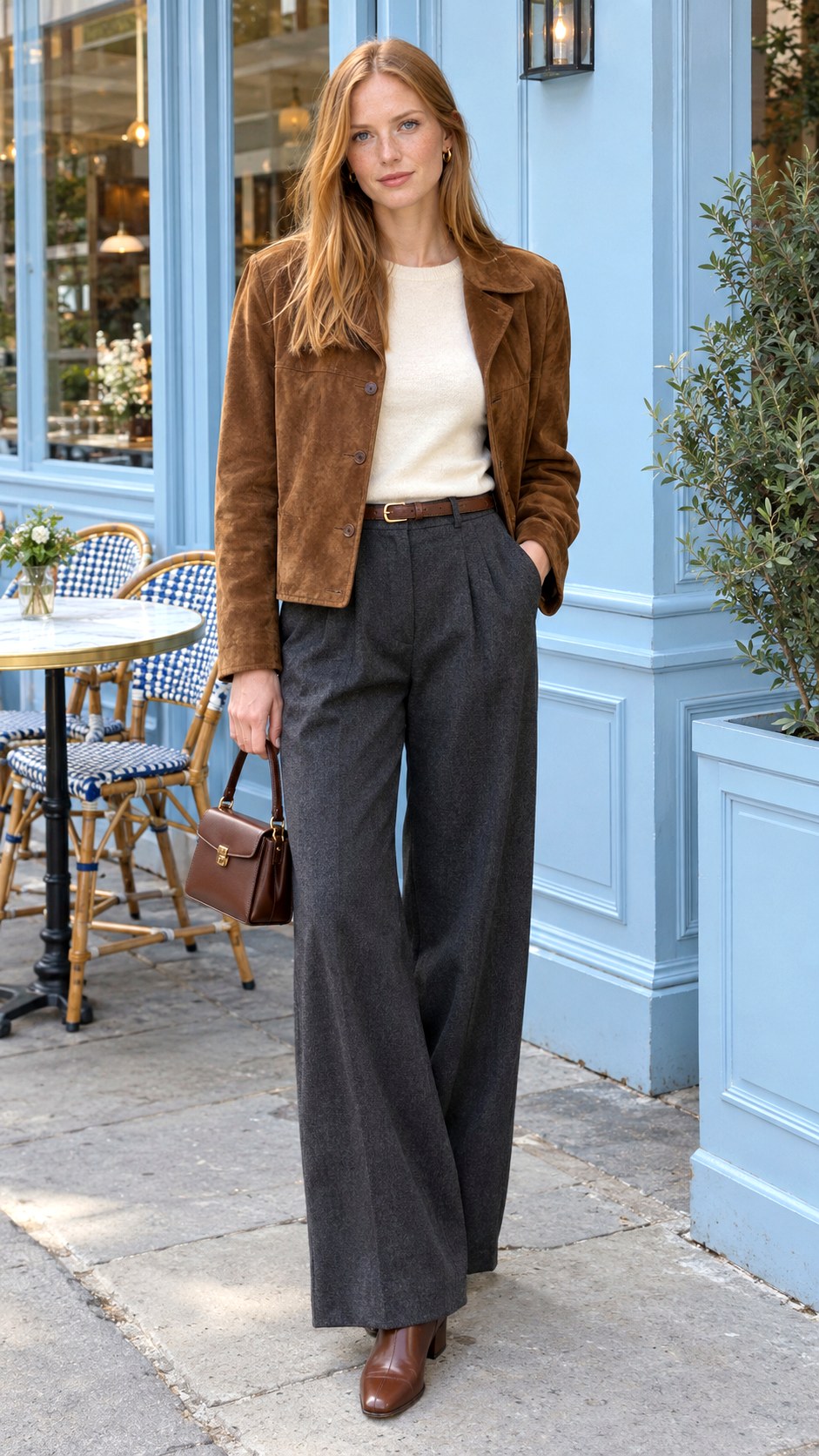 Suede Jacket With Wide Leg Trousers - 20 autumn aesthetic outfit ideas