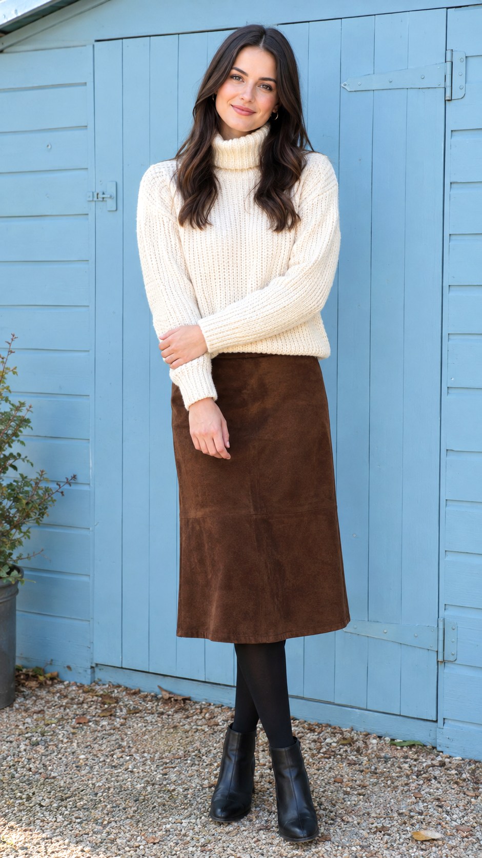Suede Skirt and Chunky Turtleneck - 24 early fall outfit look ideas