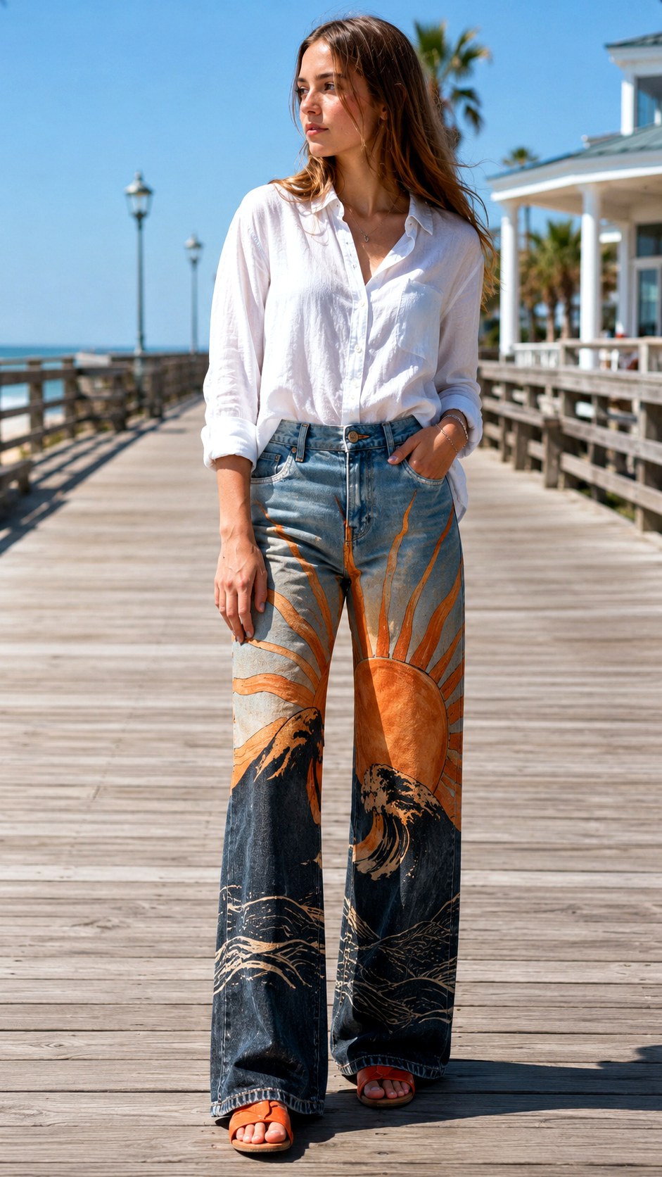 Sun and Wave Silhouettes Jeans - 24 acrylic painted wide leg jeans ideas