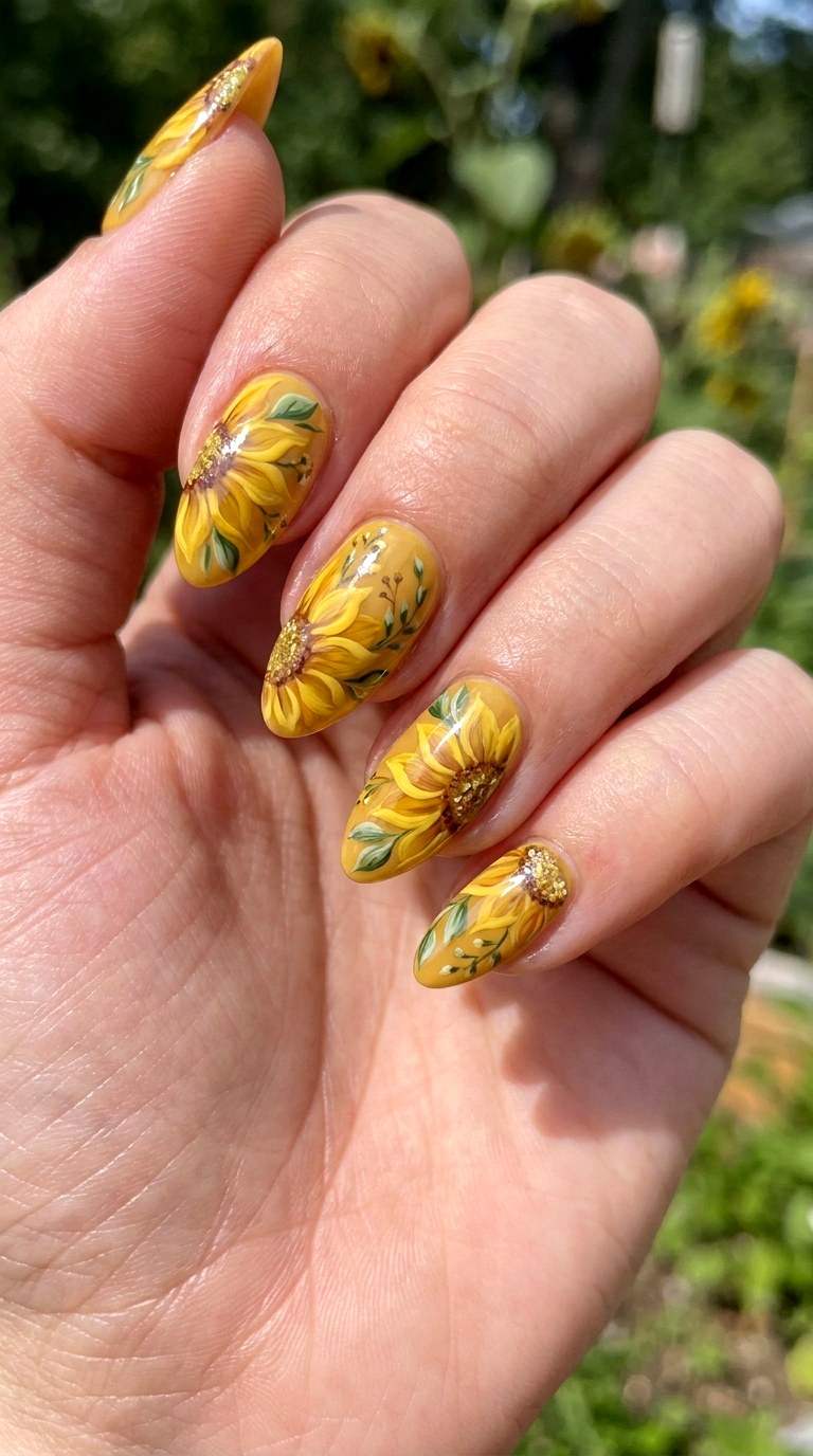 Sunflower Accent Manicure Nails - 22 sunlit tips Yellow nail design ideas