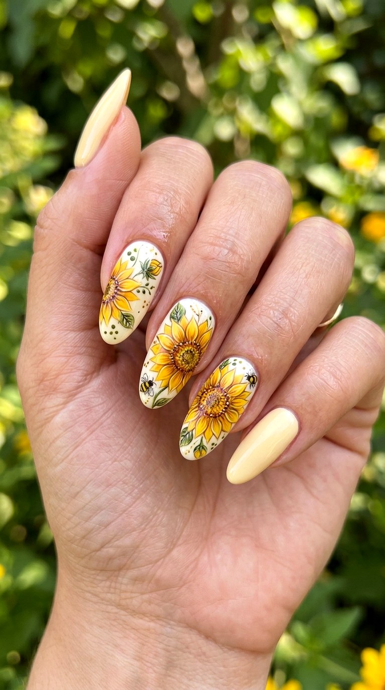 Sunflower Statement Nails - 21 dreamy yellow floral summer nail ideas