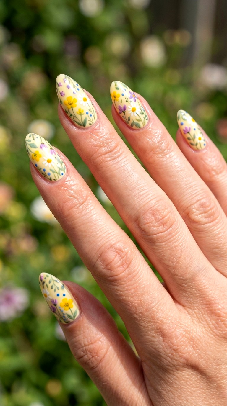 Sunny Wildflower Almond Nails - 21 dreamy yellow floral summer nail ideas
