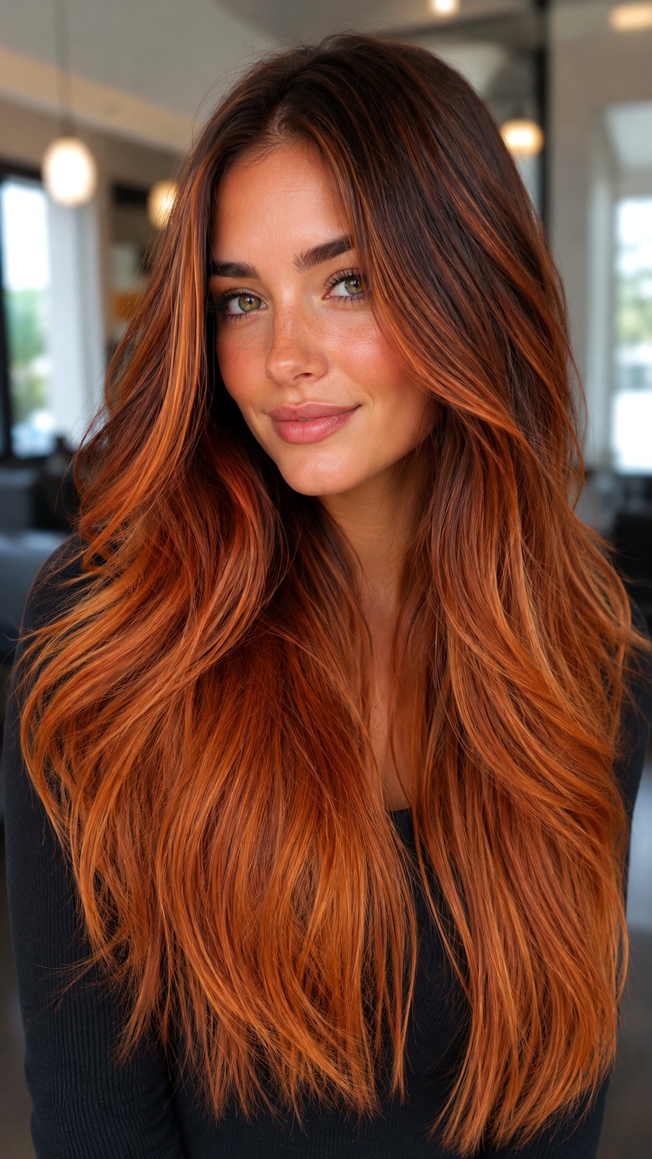 Sunset Copper Balayage on Long Hair - 22 red hair color highlights ideas