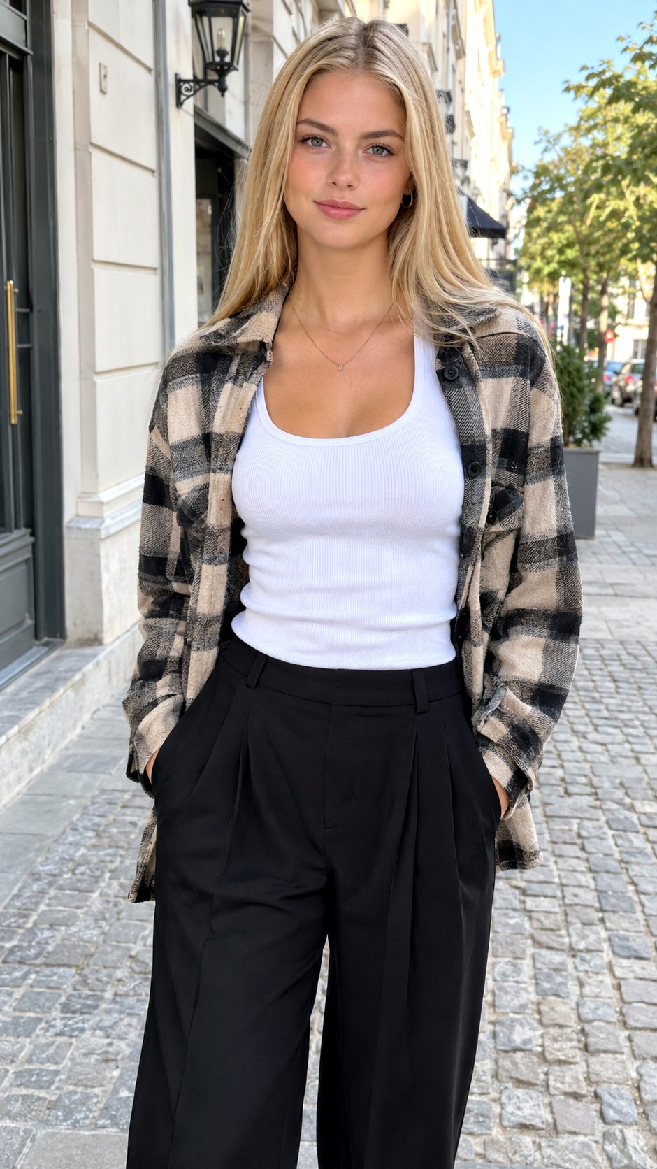 Tank Top And Pleated Trousers With Plaid Shacket - 23 plaid shacket outfit women ideas
