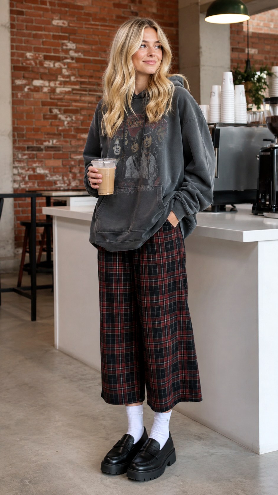 Tartan Trousers and Band Hoodie - 23 Soft Grunge Outfits Ideas
