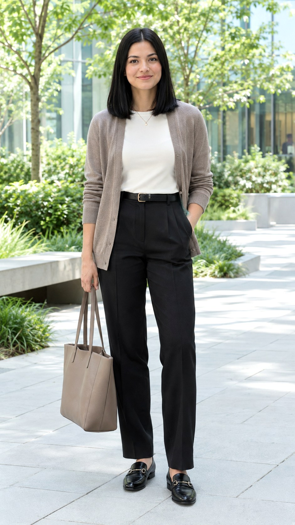 Taupe Cardigan With Black Pleated Trousers - 20 fall business casual outfits